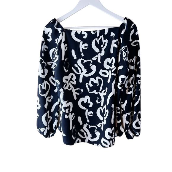 J Crew Floral Brush Stroke Top Sz 6 Crepe Navy Ivory Puff Sleeves Square Neck‎ - Picture 10 of 11